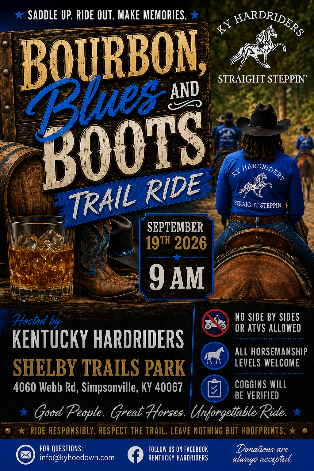 Bourbon, Blues & Boots Trail Ride at Shelby Trails Park, September 19 at 9 AM